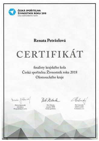 Certifikát 2018 - Renata Petrželová